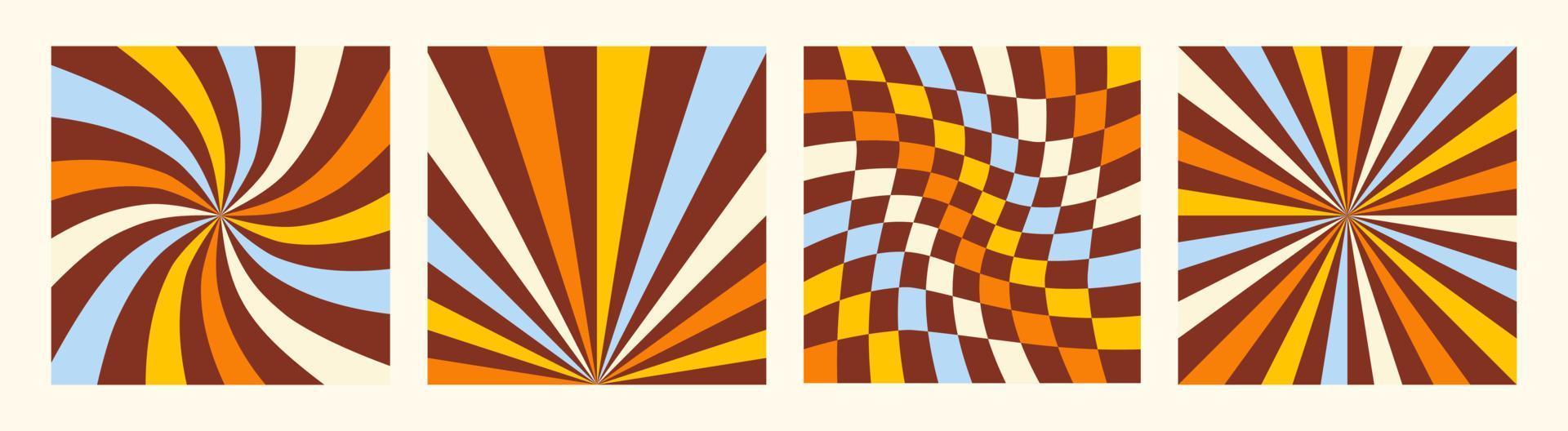 Bright abstract set backgrounds with sunburst, wavy checkerboard and swirled radial striped design. Trendy vector retro illustration in style 70s, 80s