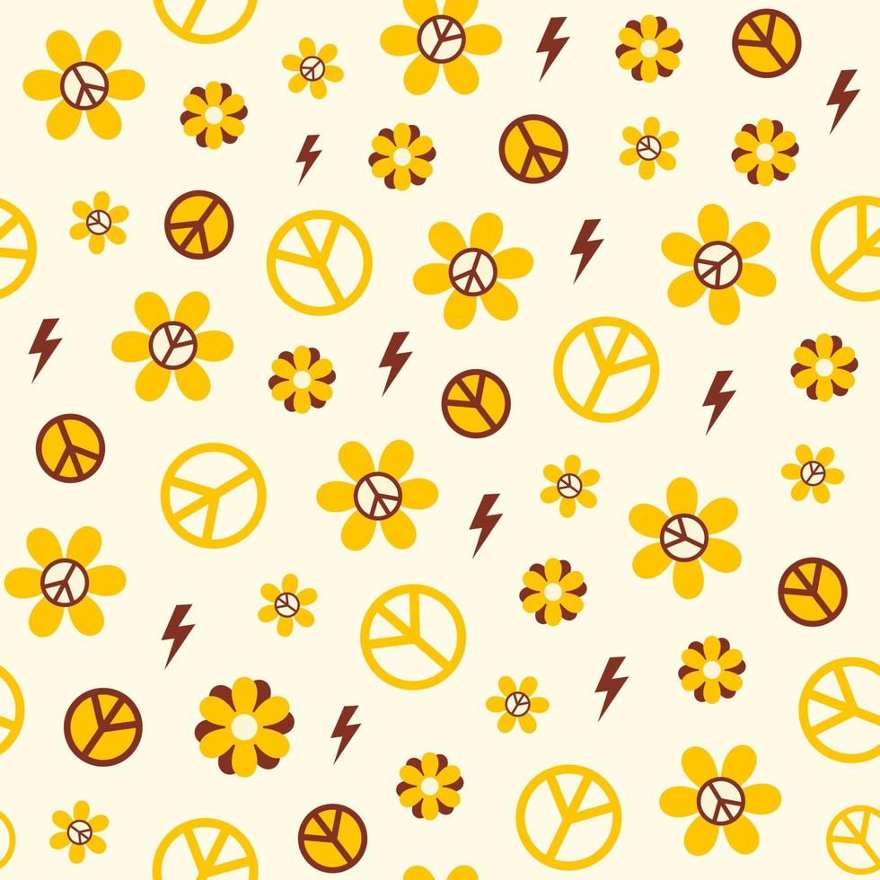 Floral seamless pattern with hippie retro elements on a pastel background. Trendy vector groovy design in style 60s, 70s