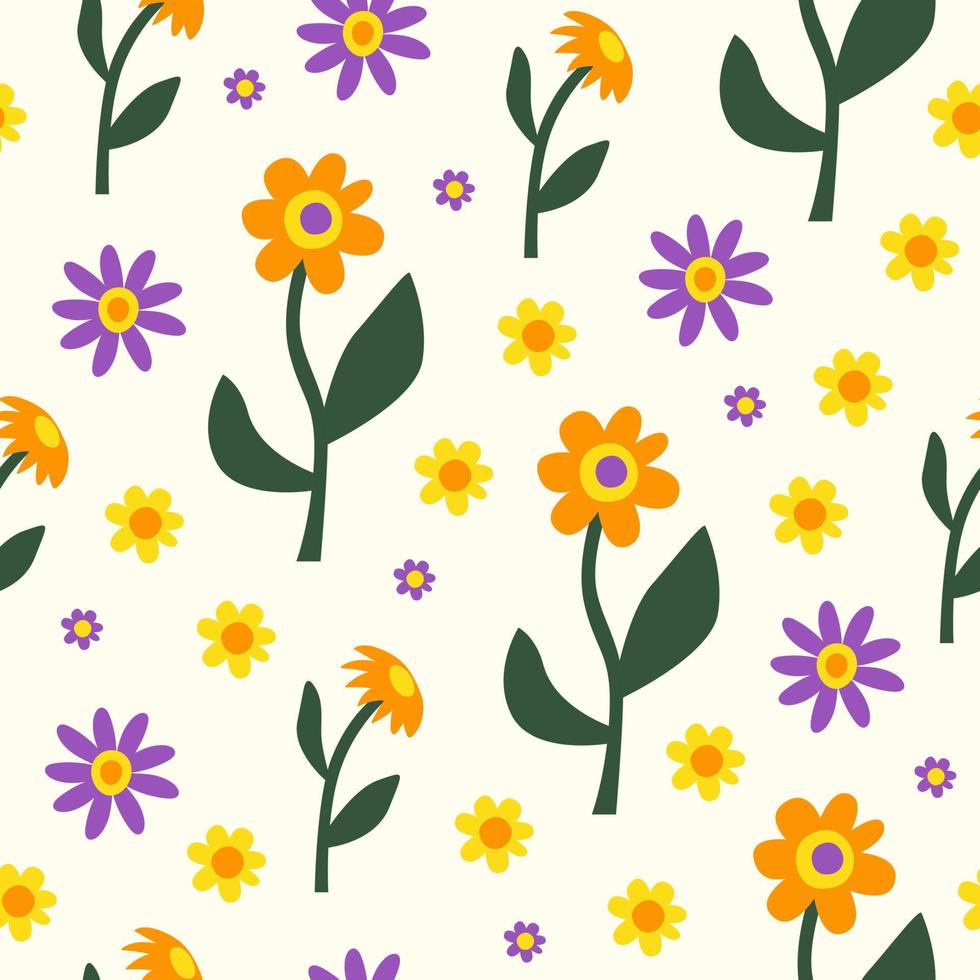 Retro botanical seamless pattern with vintage flowers on a light background. Naive art print. Trendy vector illustration.