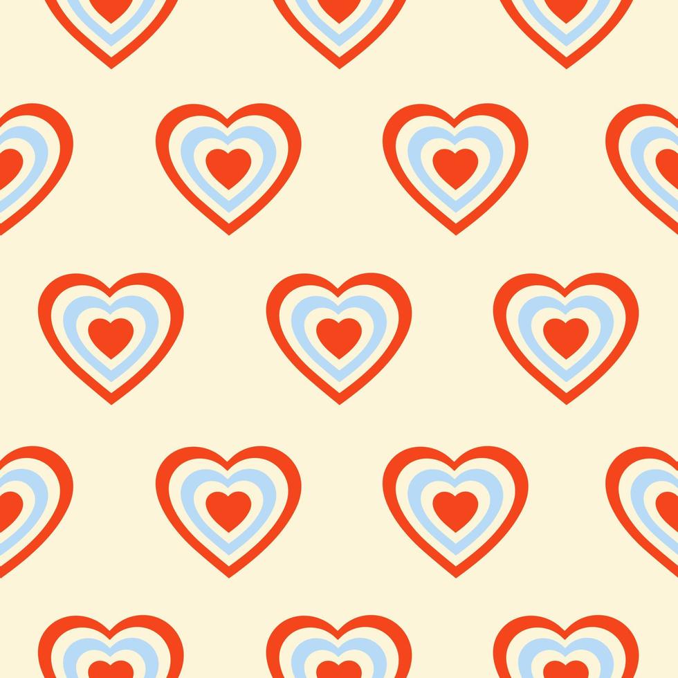 Seamless pattern with hearts shaped tunnel isolated on a beige background. Modern minimal illustration for decoration. Retro vector print in style 60s, 70s