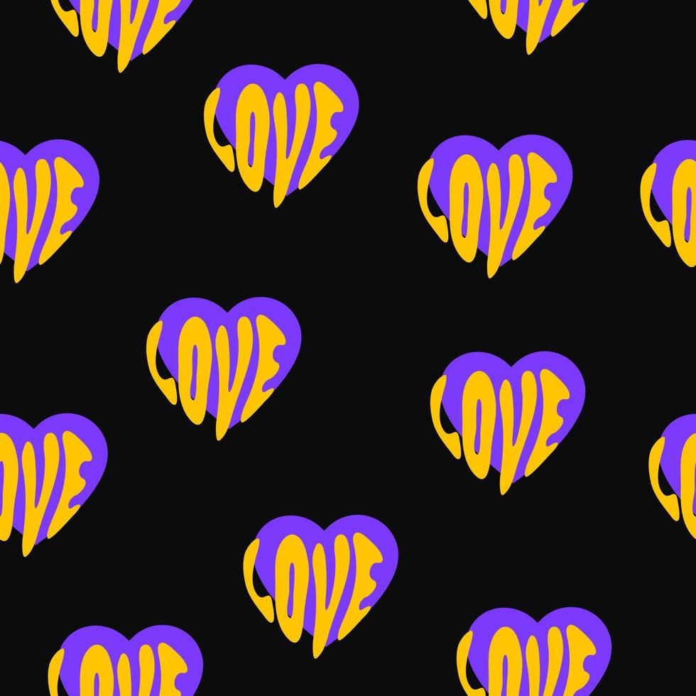 Vector hippie retro seamless pattern with yellow word love and purple hearts on a black background. Trendy psychedelic design love theme, textile, wallpaper, wrapping paper