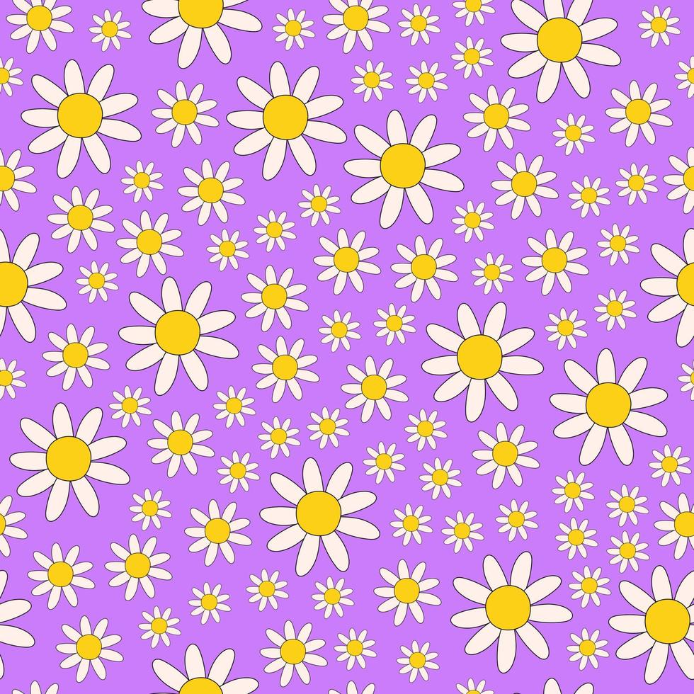 Retro seamless pattern of colorful hippie daisy flowers on a light purple background. Vintage festive groovy botanical design. Trendy vector illustration in 70s and 80s style.