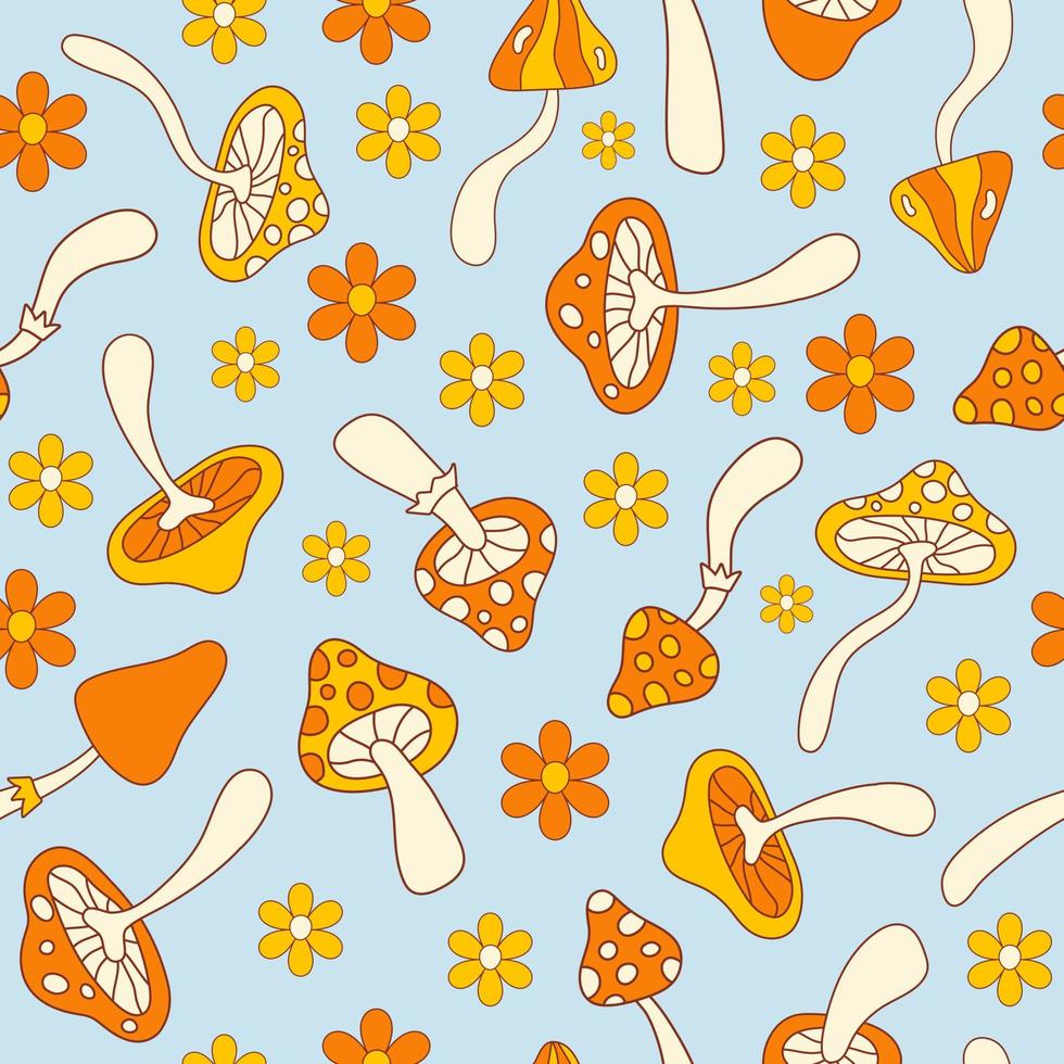 Floral hippie seamless pattern with mushrooms and daisy flowers on a blue background. Groovy retro vintage print in style 70s, 80s. Vector illustration