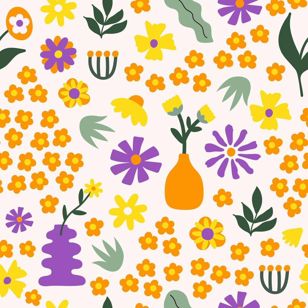 Retro botanical seamless pattern with vintage flowers in style 60s, 70s on light background. Naive art print. Trendy vector illustration.