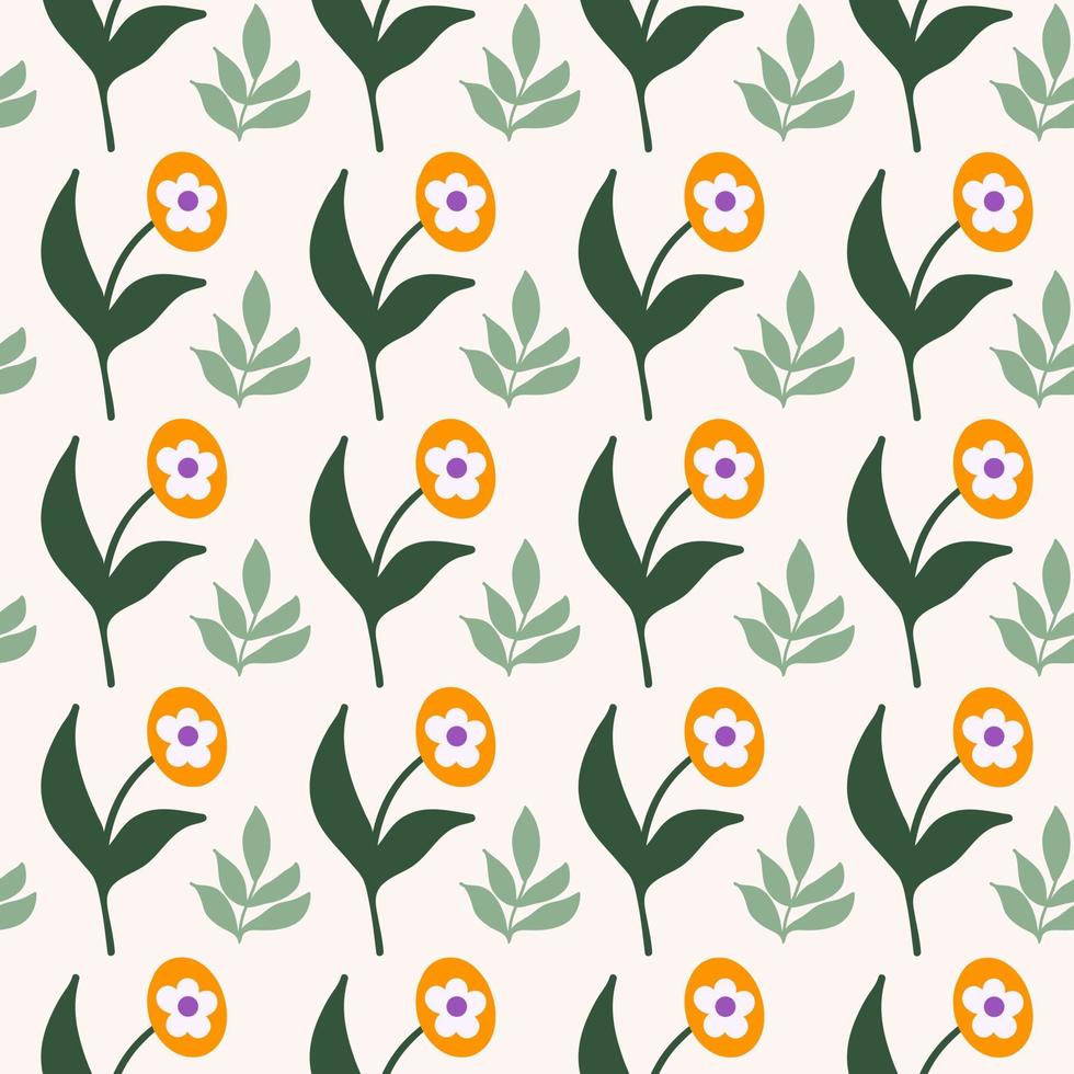 Retro botanical seamless pattern with vintage flowers in style 60s, 70s. Naive art print. Trendy vector illustration.