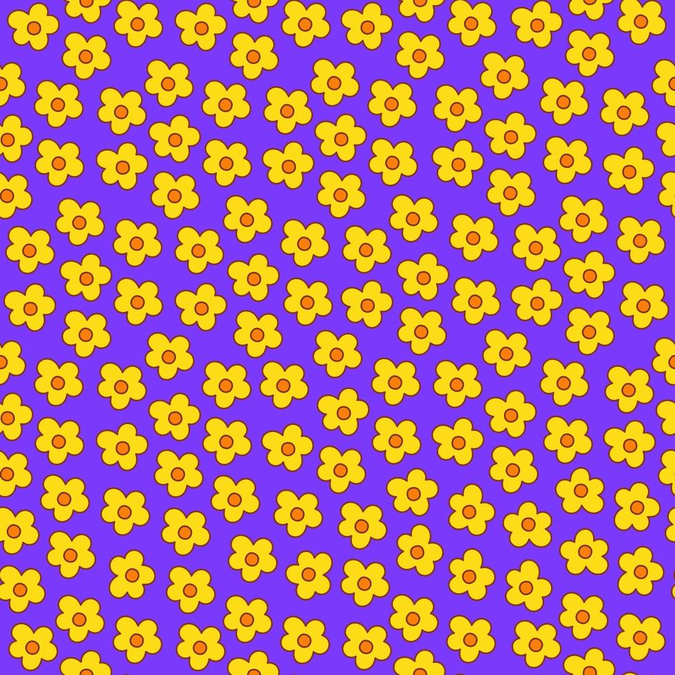 Retro seamless pattern of small scattered hippie daisy flowers on a purple background. Vintage festive groovy botanical design. Trendy vector illustration in 70s and 80s style