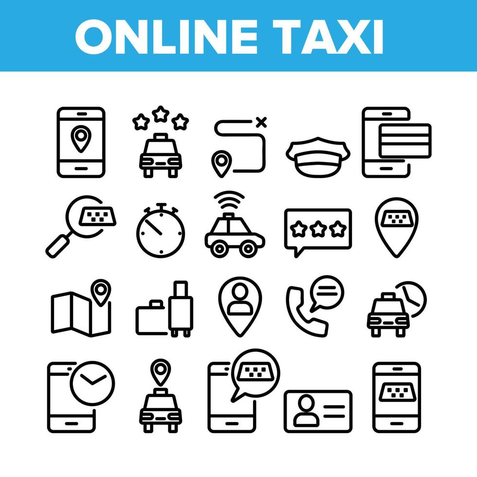 conjunto de iconos de elementos de colección de taxi en línea vector