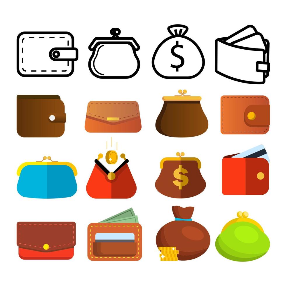 Wallet Icon Set Vector. Money Symbol. Purse Wallet Bag. Payment Sign. Finance Currency Design. Financial Market Object. Reatail Safe. Commerce Credit Pay. Line, Flat Illustration vector