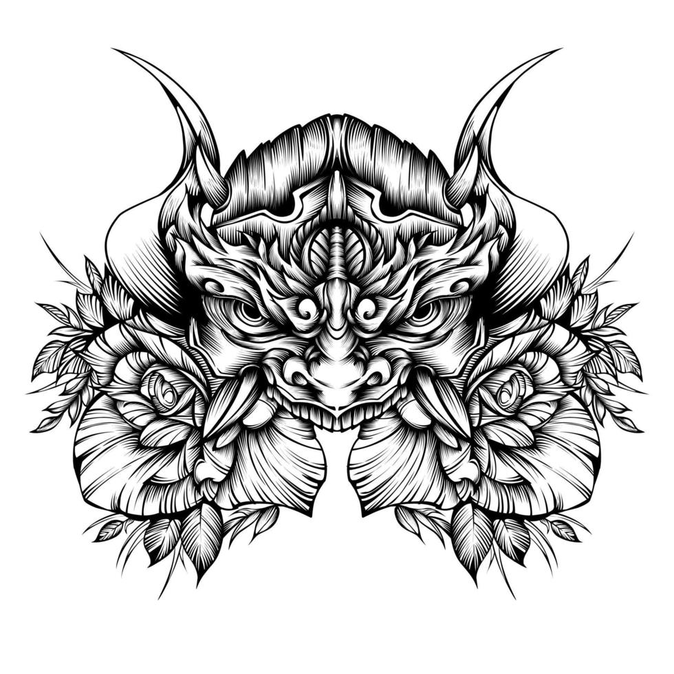 Oni mask with rose flower vintage tattoo vector