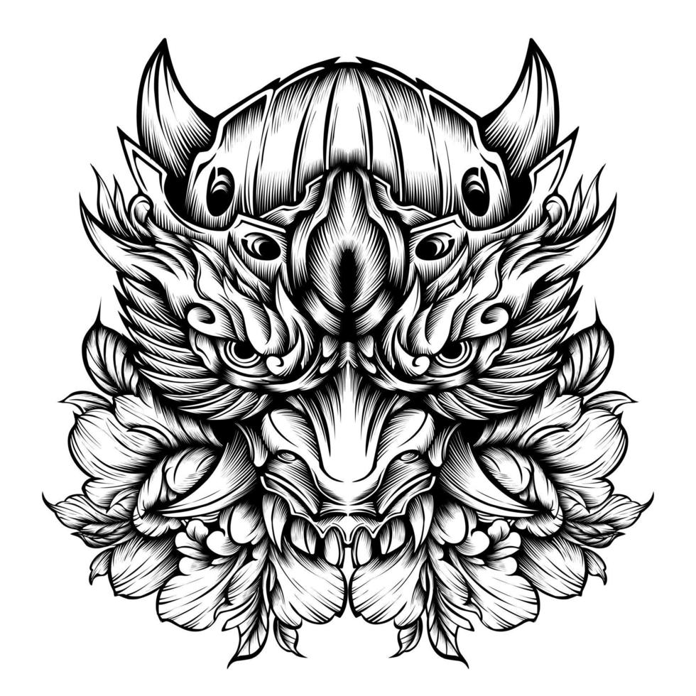 Oni mask tattoo with flowers vector design tribal illustration