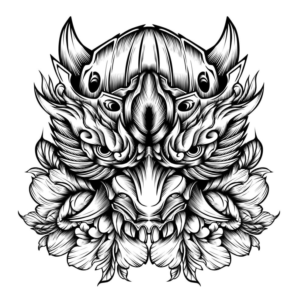 Oni mask tattoo with flowers vector design tribal illustration