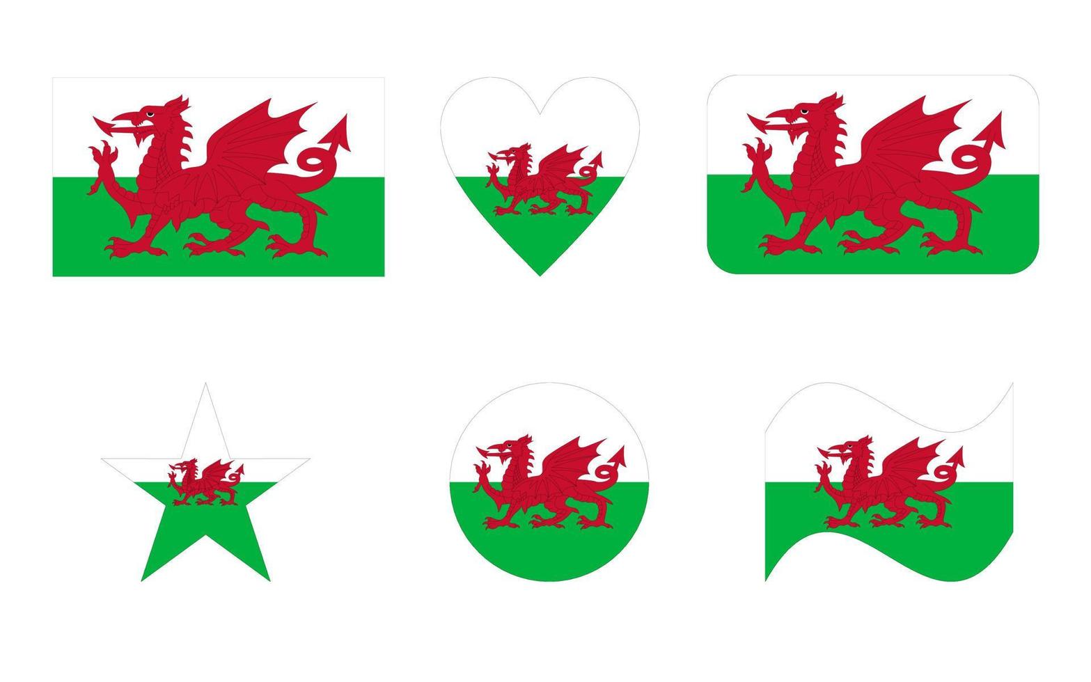 Wales flag, flag of Wales in six shapes vector