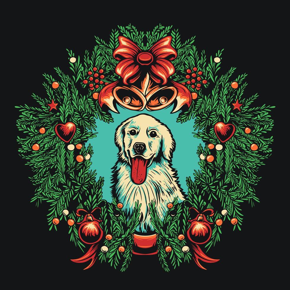 corona de navidad y perro vector ilustración