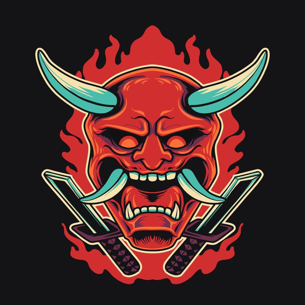 Onimask Fire Swords Vector Illustration