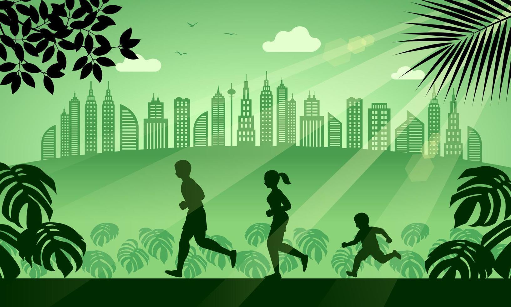 silhouette family running in city park vector
