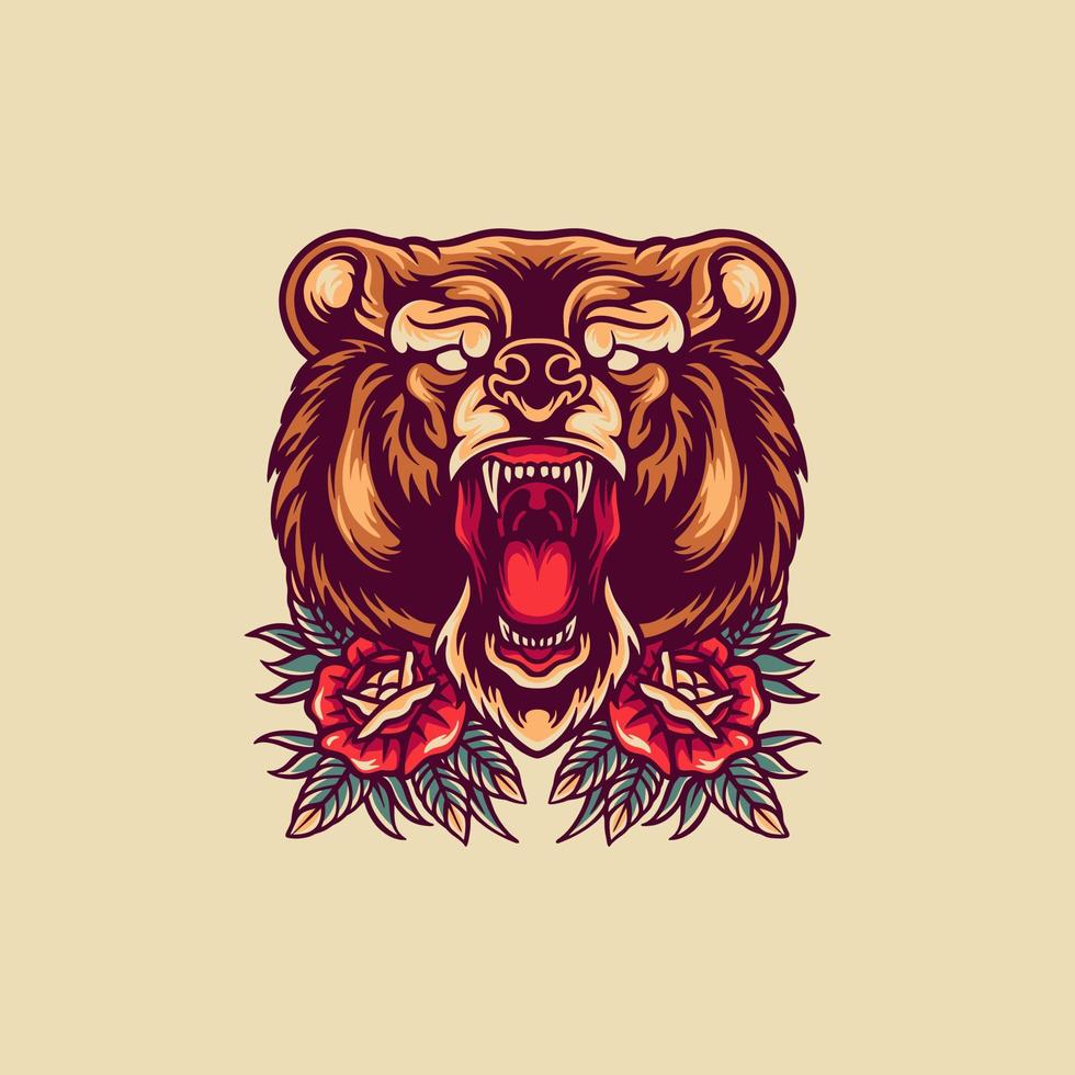 Bear And Roses Retro Illustration vector