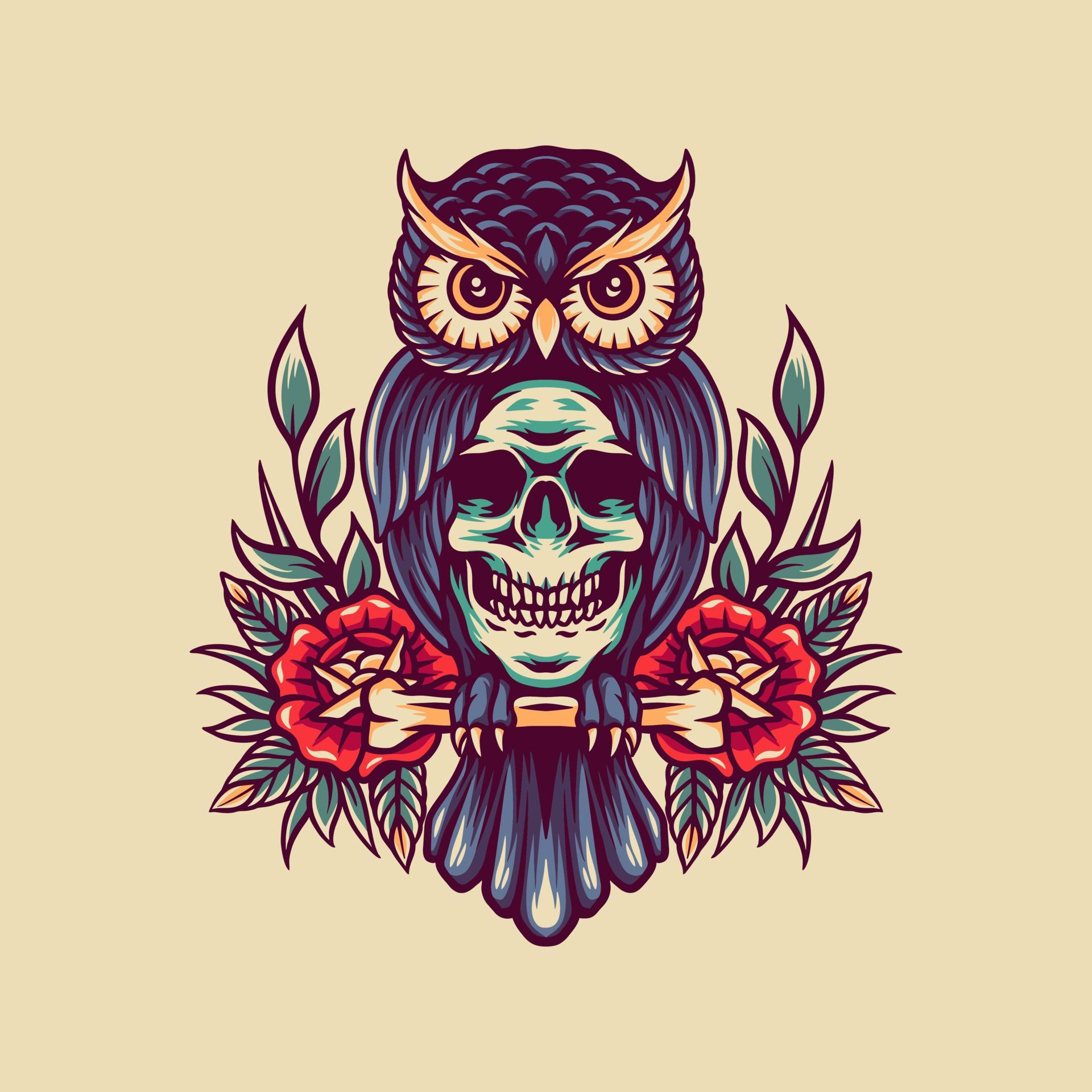 Owl And Skull Retro Illustration 9767981 Vector Art at Vecteezy