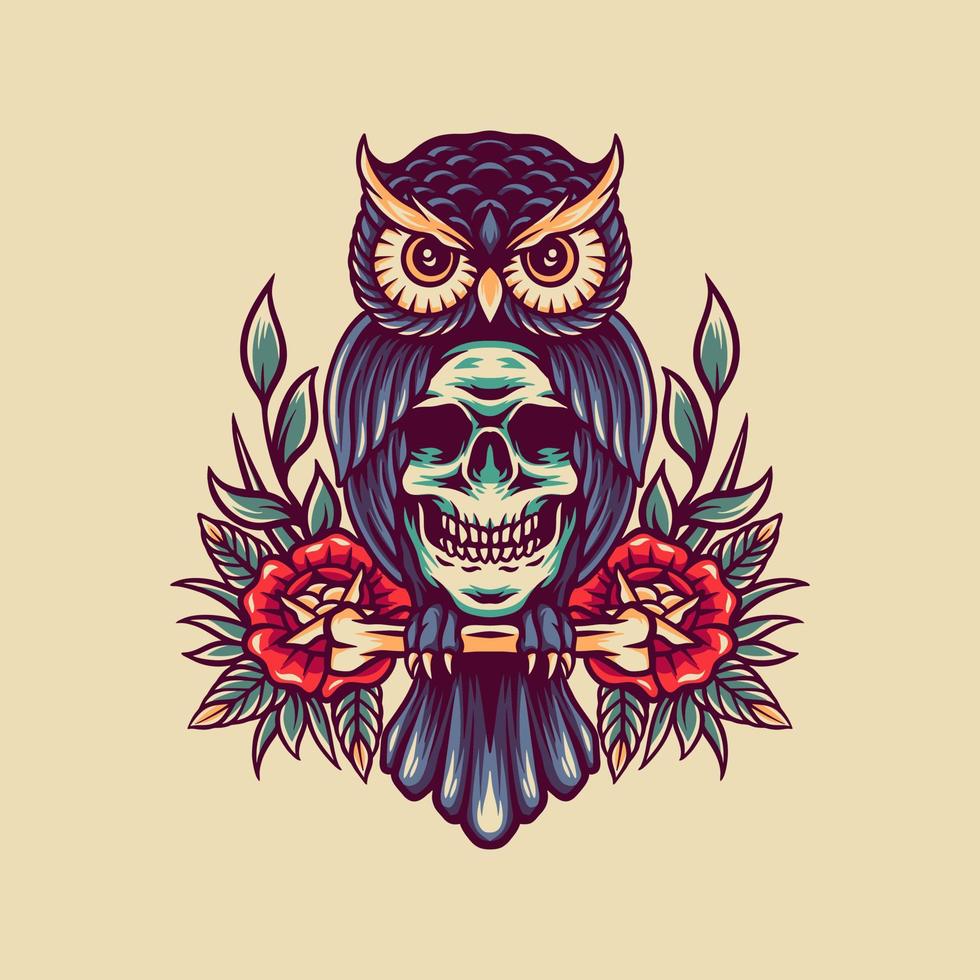 Ilustración retro de búho y calavera vector