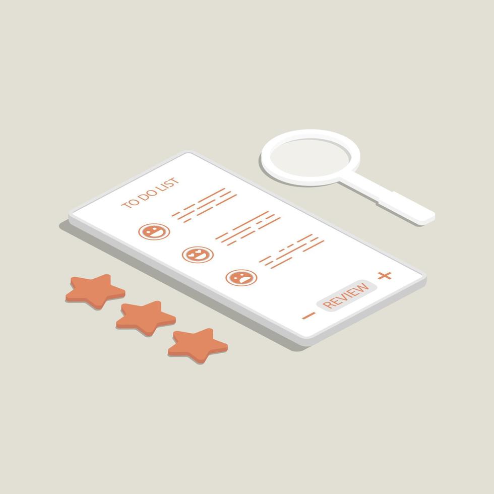 Isometric design, Review comment emotion rate on smartphone, Digital marketing illustration. vector