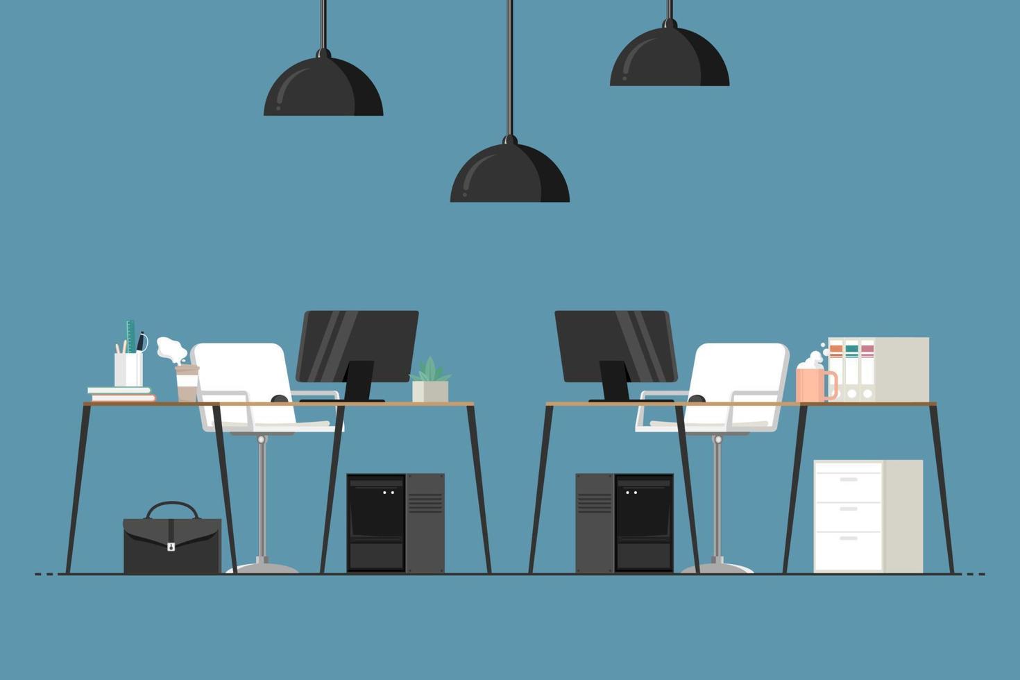Simple office interior design, Room for work with desk and furniture elements, digital marketing illustration. vector