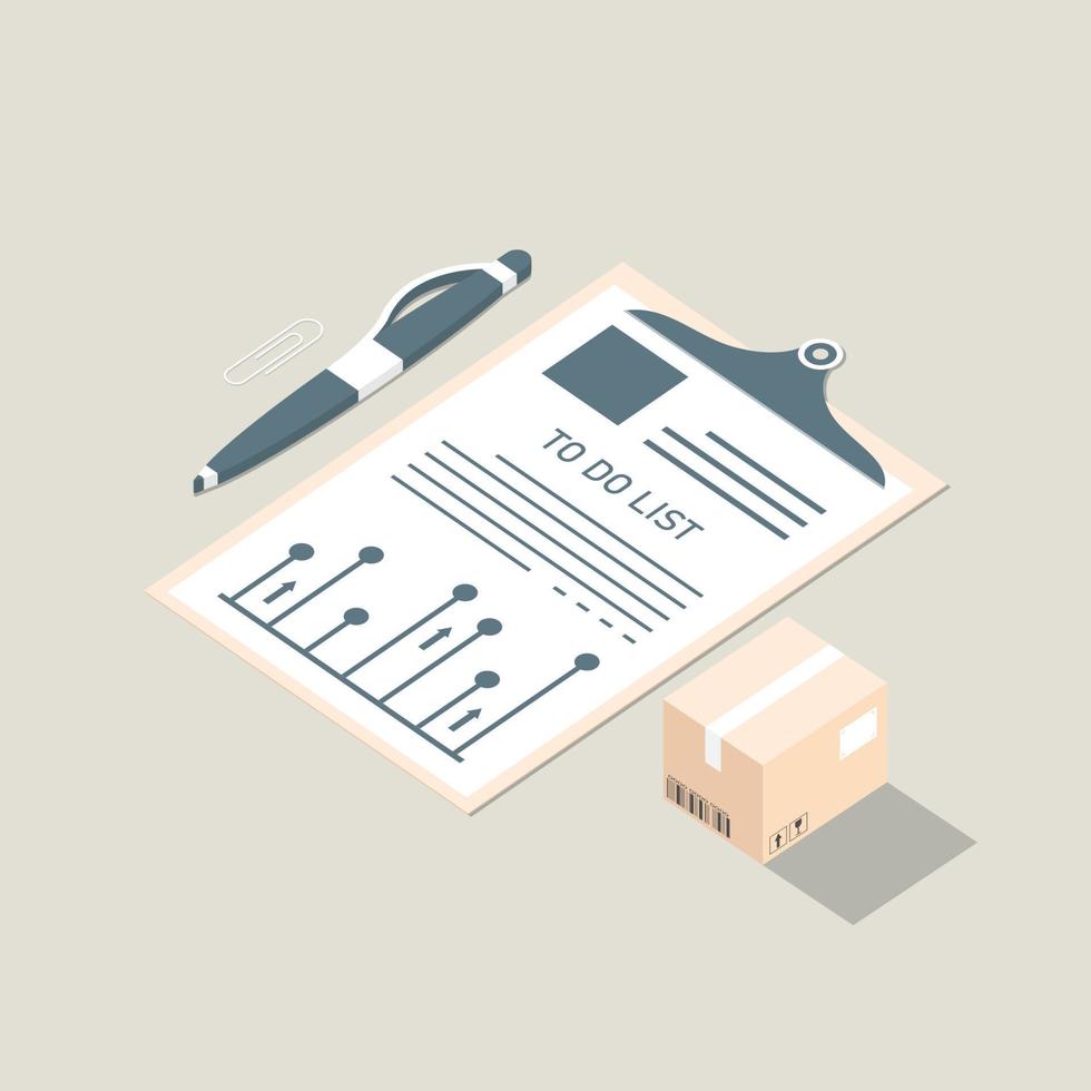 Isometric design, To do list on paperwork with pen and paper box, Digital marketing illustration. vector