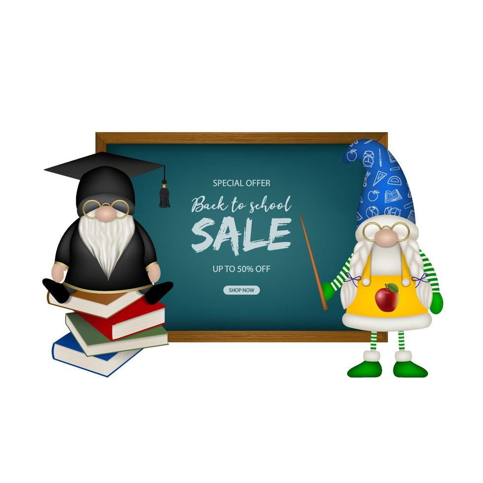 back to school sale background with chalckboard and gnomes vector