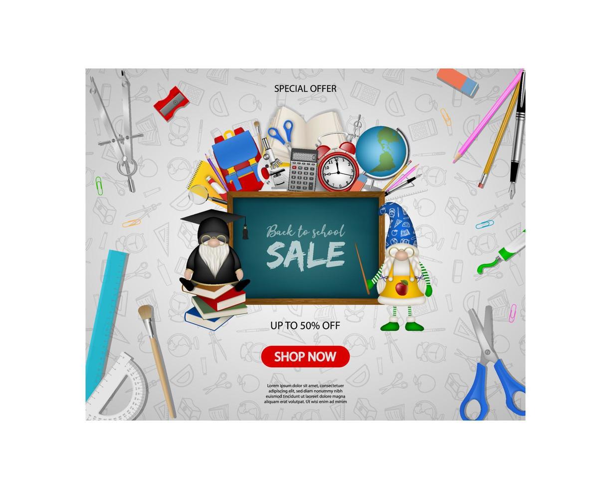 Back to school poster with funny gnomes and school supplies. back to school sale background vector