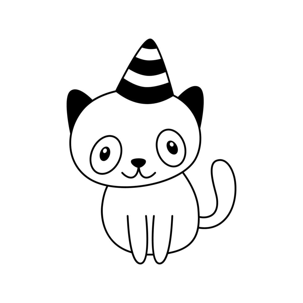 garabato, lindo, gato, se sienta, con, festivo, gorra, en, cabeza, caricatura, gatito, para, niño, diseño, infantil, feriado, clipart, contorno, bosquejo vector