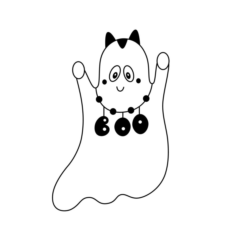 Cute Spooky Ghost with Black Cat Ears and a Necklace with Letters Boo Doodle Style Halloween Cartoon Design Element Outline vector