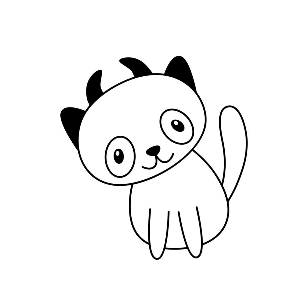 Doodle Sweet Halloween Cat Sits with Devil Horns Cute Kitten Clipart Outline Sketch vector