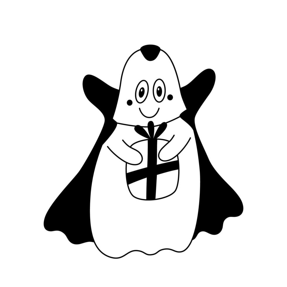 fantasma de dibujos animados en un disfraz de drácula con un regalo en las manos estilo de dibujo lindo contorno de imágenes prediseñadas infantil de halloween vector