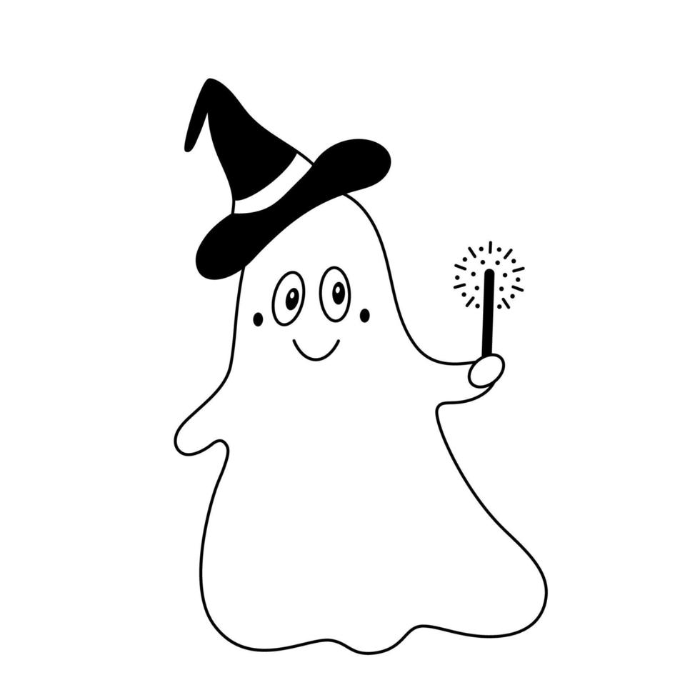 lindo fantasma amigable con varita mágica y gorro de bruja en la cabeza estilo de dibujo infantil contorno de imágenes prediseñadas de halloween vector