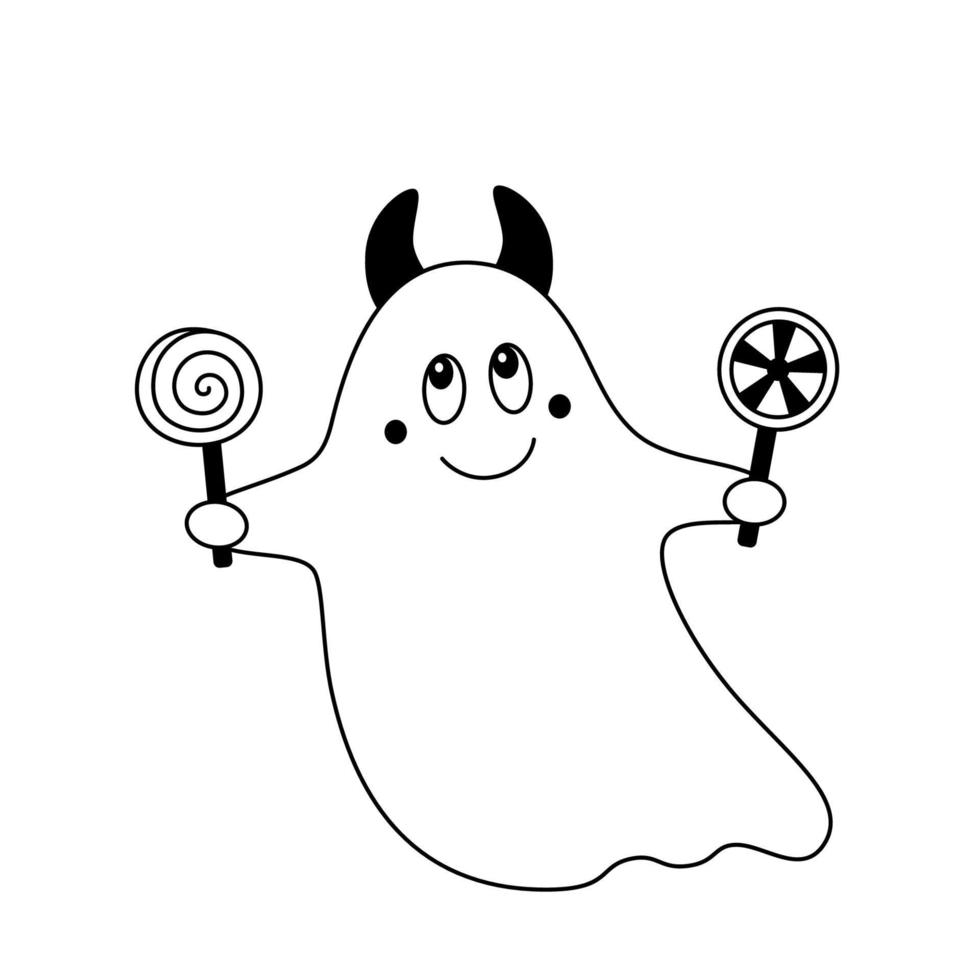 Doodle Kind Cute Ghost with Devil's Horns and Candies in Hands Kid Cartoon Halloween Design Element Outline vector