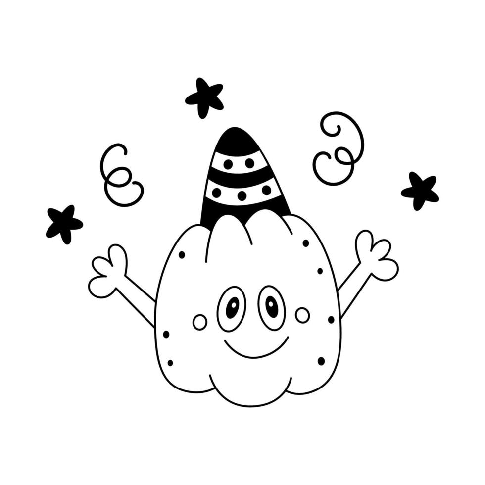 Doodle Cute Smiling Pumpkin with Festive Cap on Head and Stars Childish Happy Halloween Design Element Outline vector