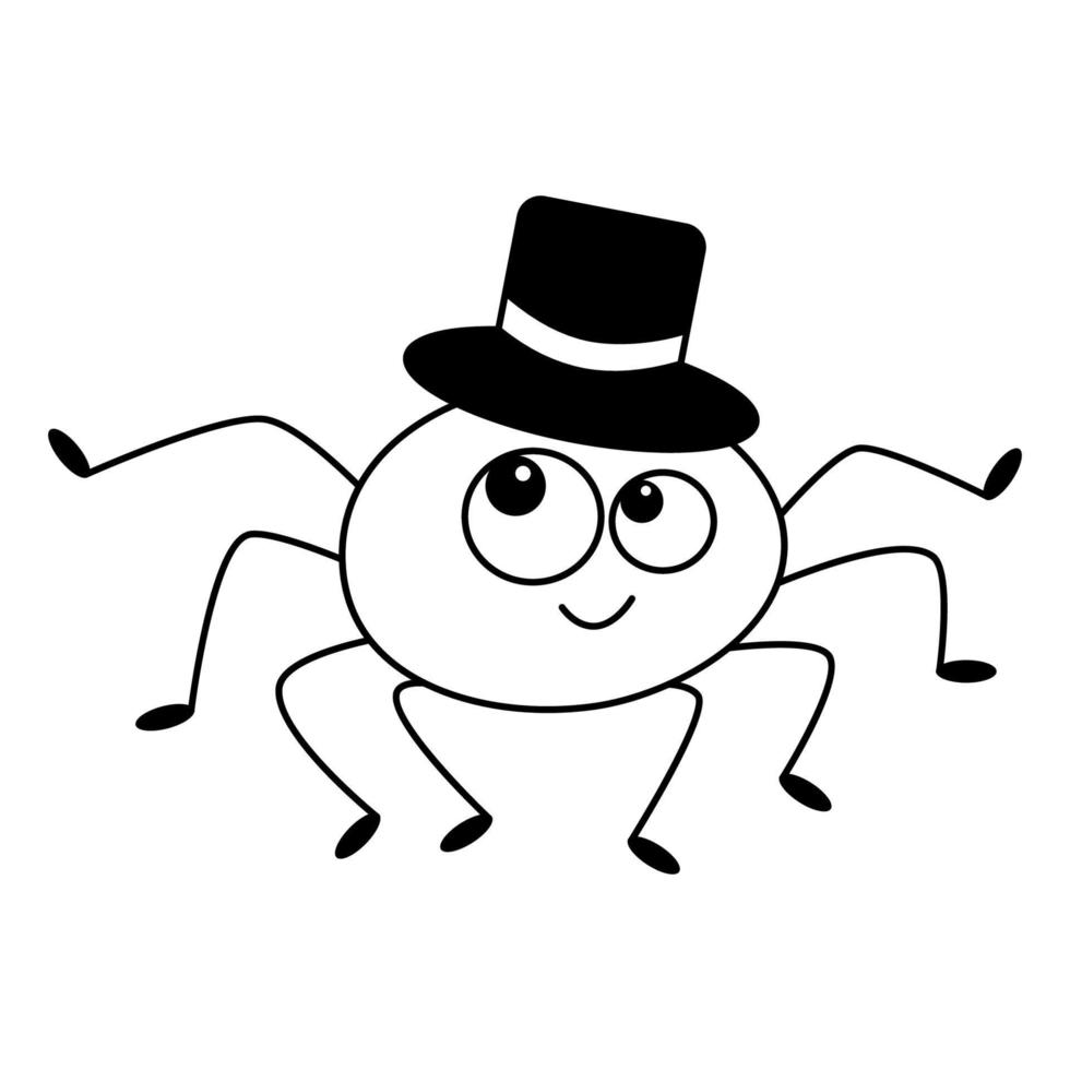 doodle caricatura festiva araña con sombrero de mago en la cabeza infantil lindo clipart contorno boceto vector