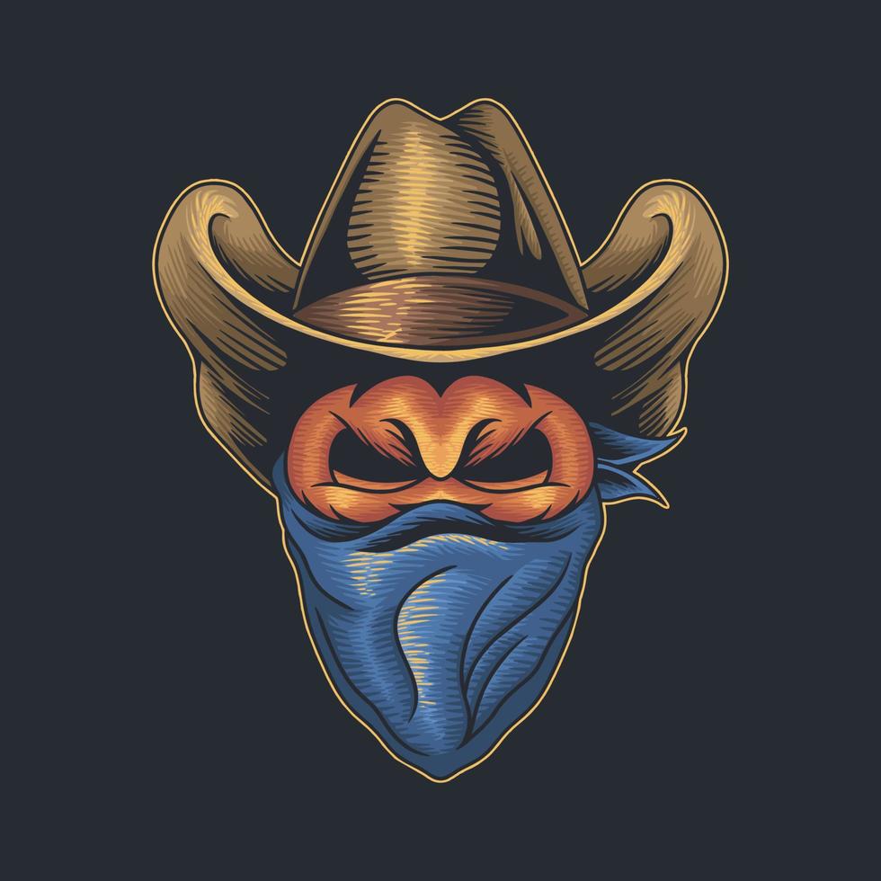 Pumpkin head wearing cowboy hat and mask on Halloween vector