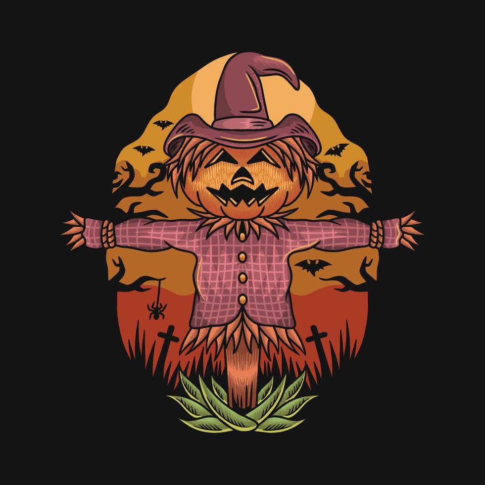 Pumpkin scarecrow on Halloween evening vector