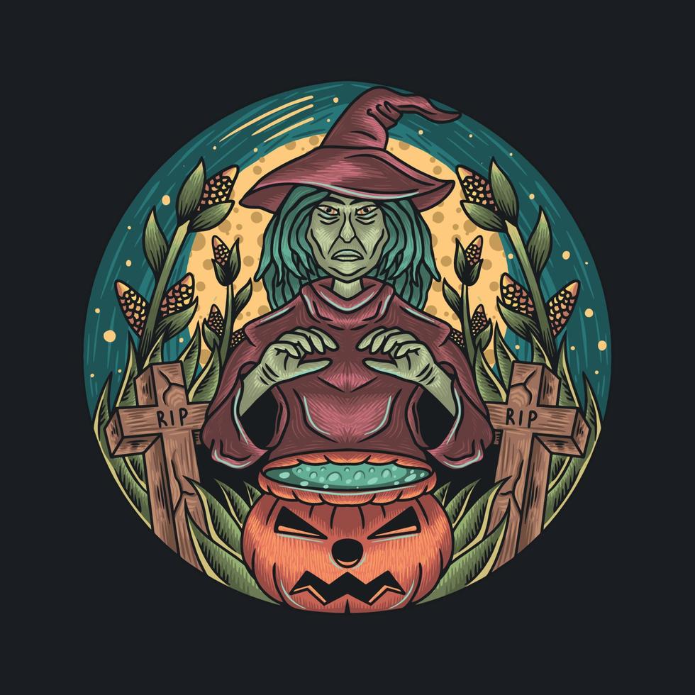 Witch granny making potions in a cornfield on Halloween vector