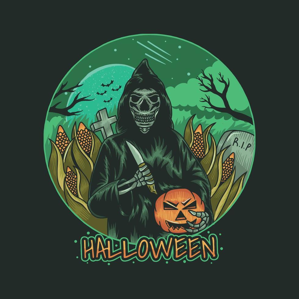 Grim Reaper holding pumpkin and knife in cornfield on Halloween vector