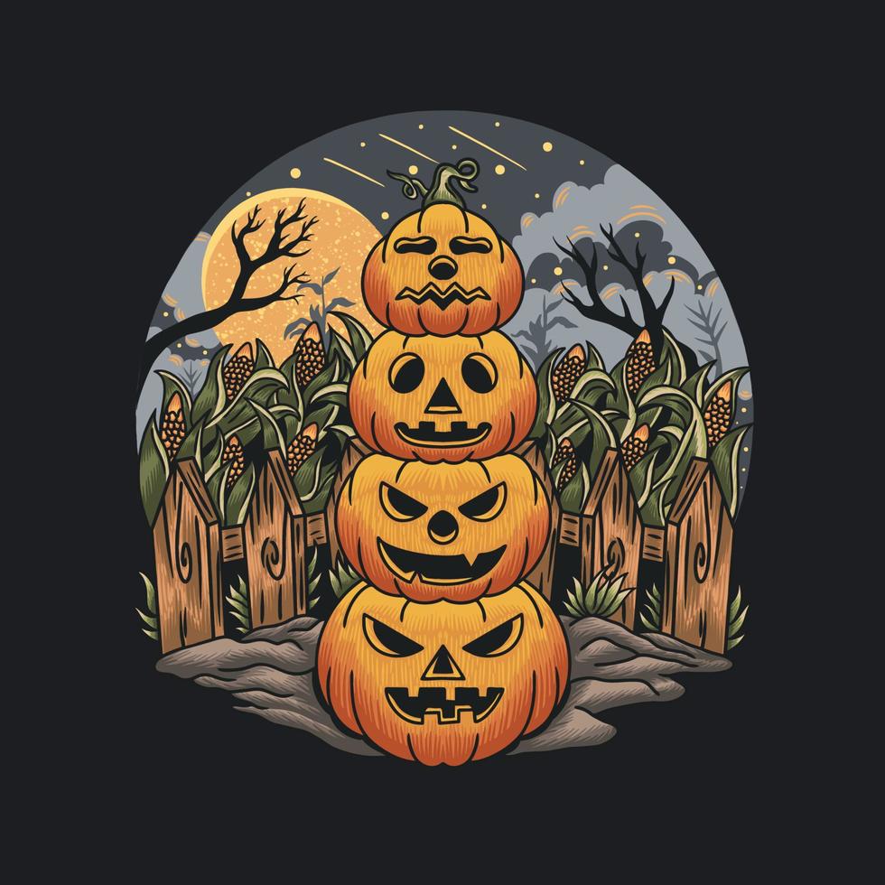 cuatro montones de calabazas de expresión en un maizal en halloween vector