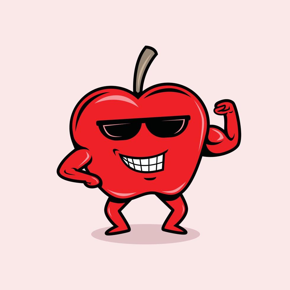 una mascota de manzana roja que muestra su ilustración de vector de bíceps