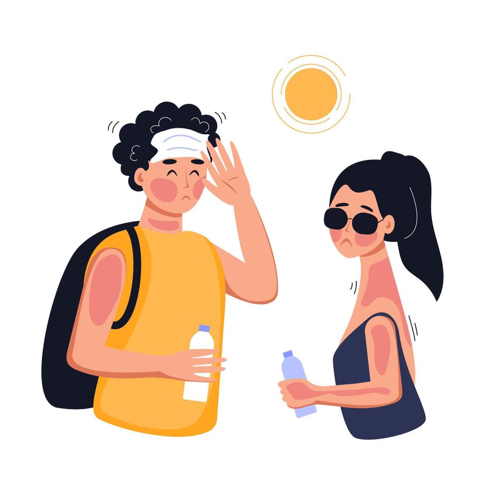 Human have heat stroke. Dehydration, sun overheating, hot summer concept. Red skin, headache, perspire symptoms. Vector flat illustration.