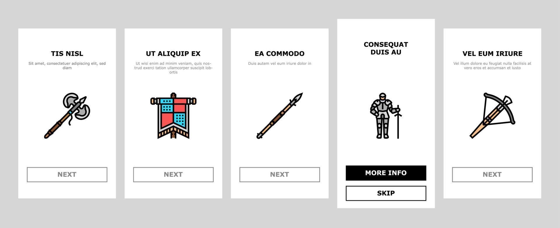 Medieval Warrior Weapon And Armor Onboarding Icons Set Vector