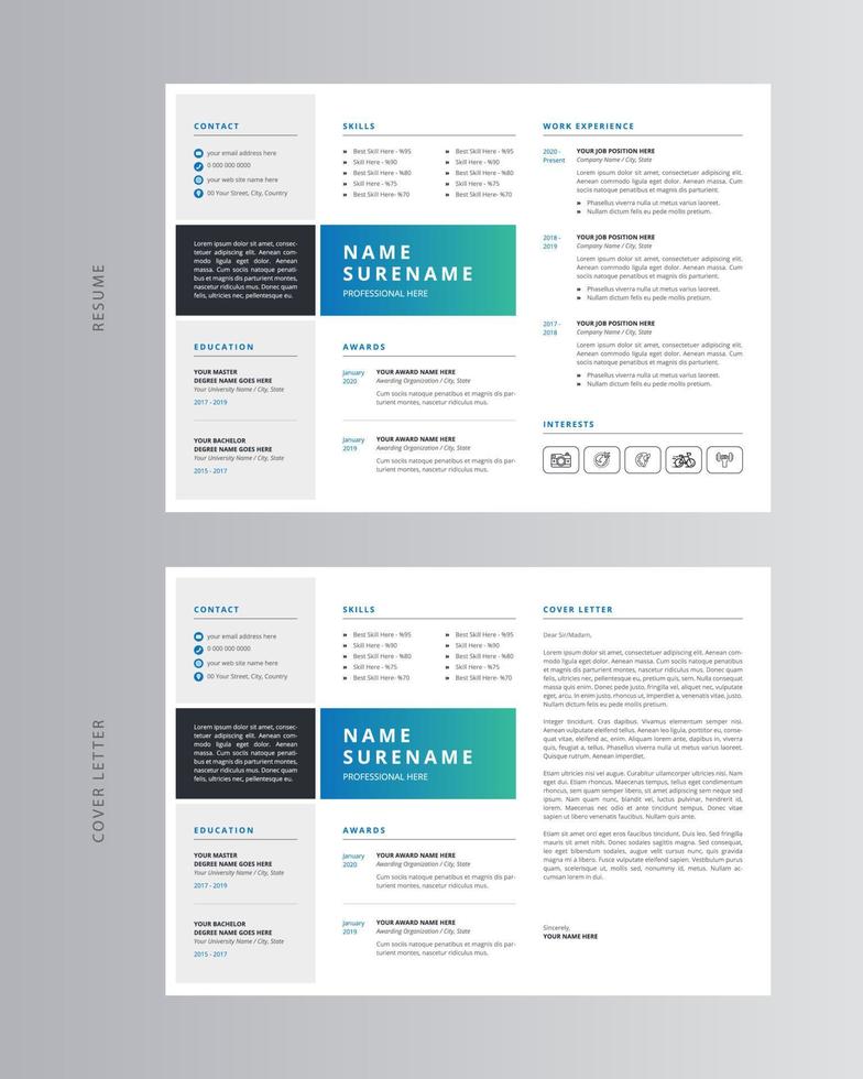 currículum horizontal o cv y plantilla de carta de presentación. vector profesional