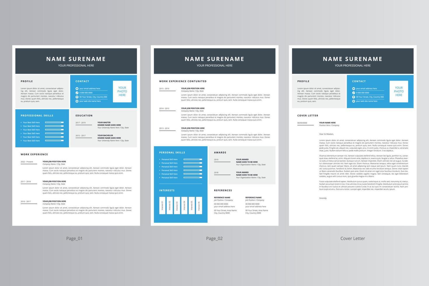 Professional Resume or CV and Cover Letter Template. Pro Vector