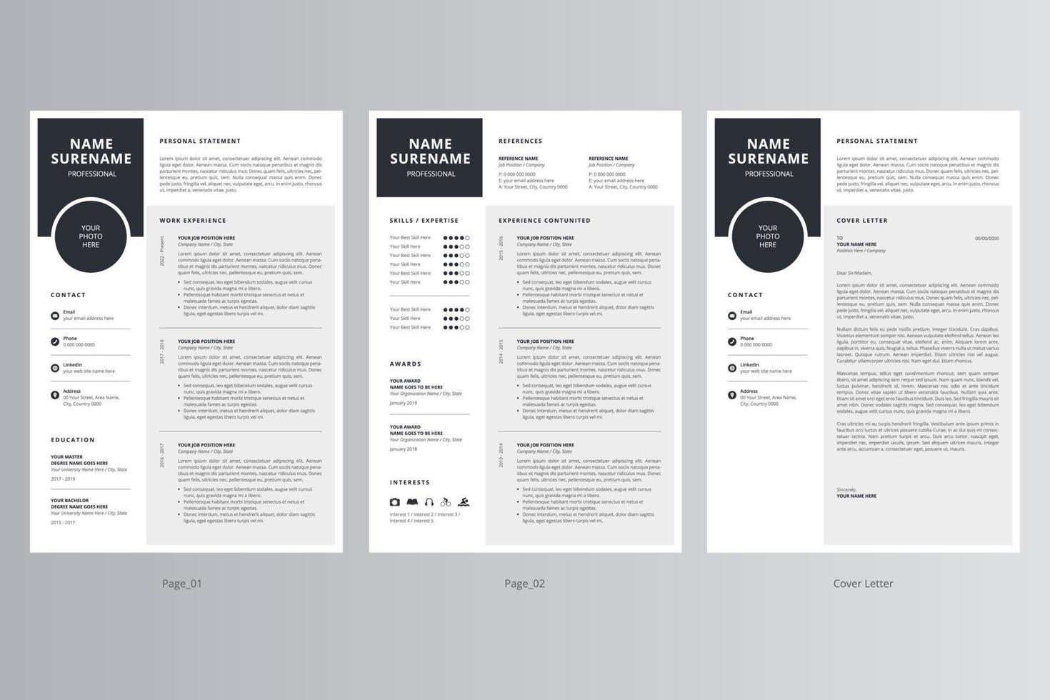 Professional Resume or CV and Cover Letter Template. Pro Vector