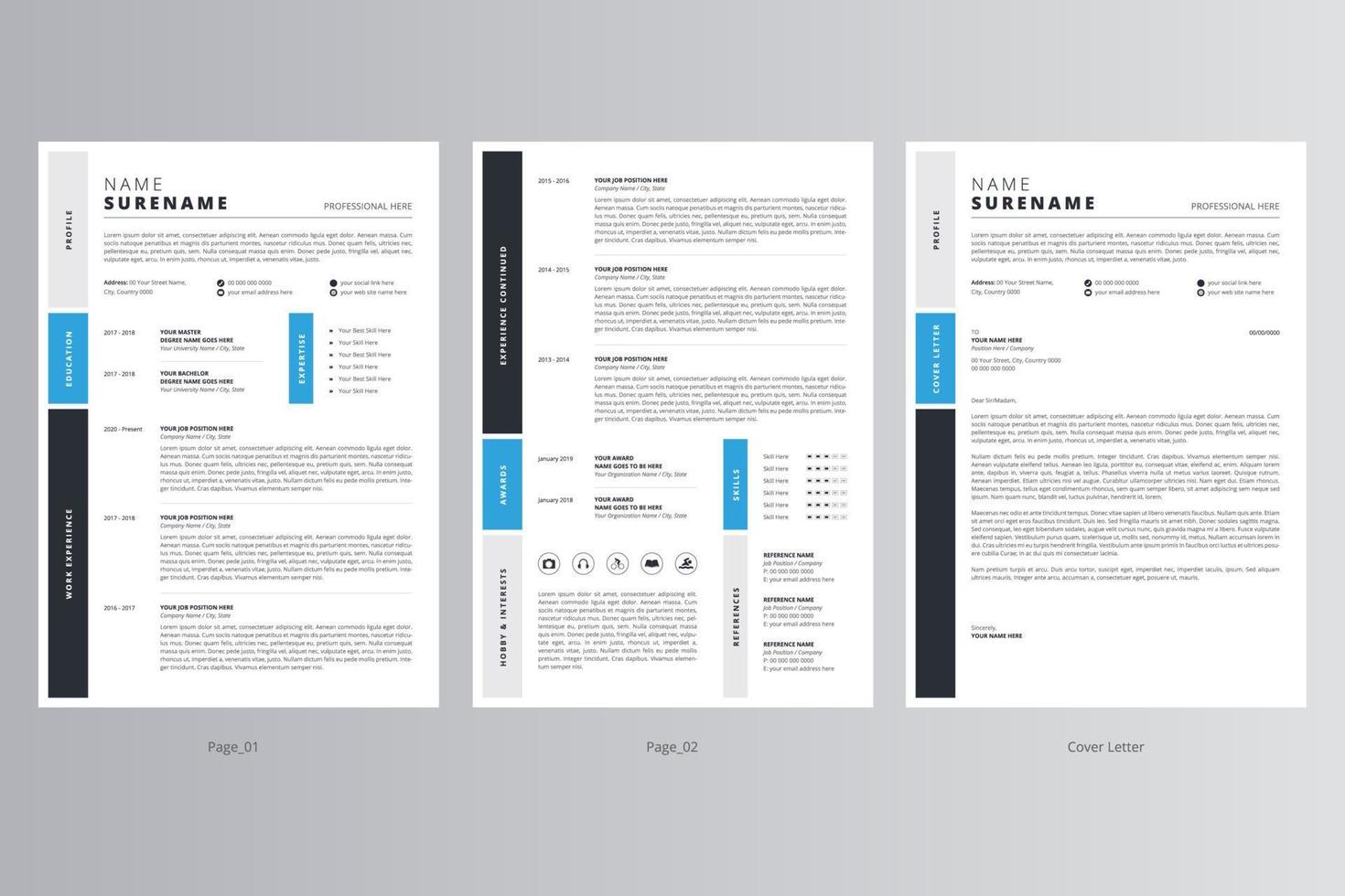 currículum profesional o cv y plantilla de carta de presentación. vector profesional