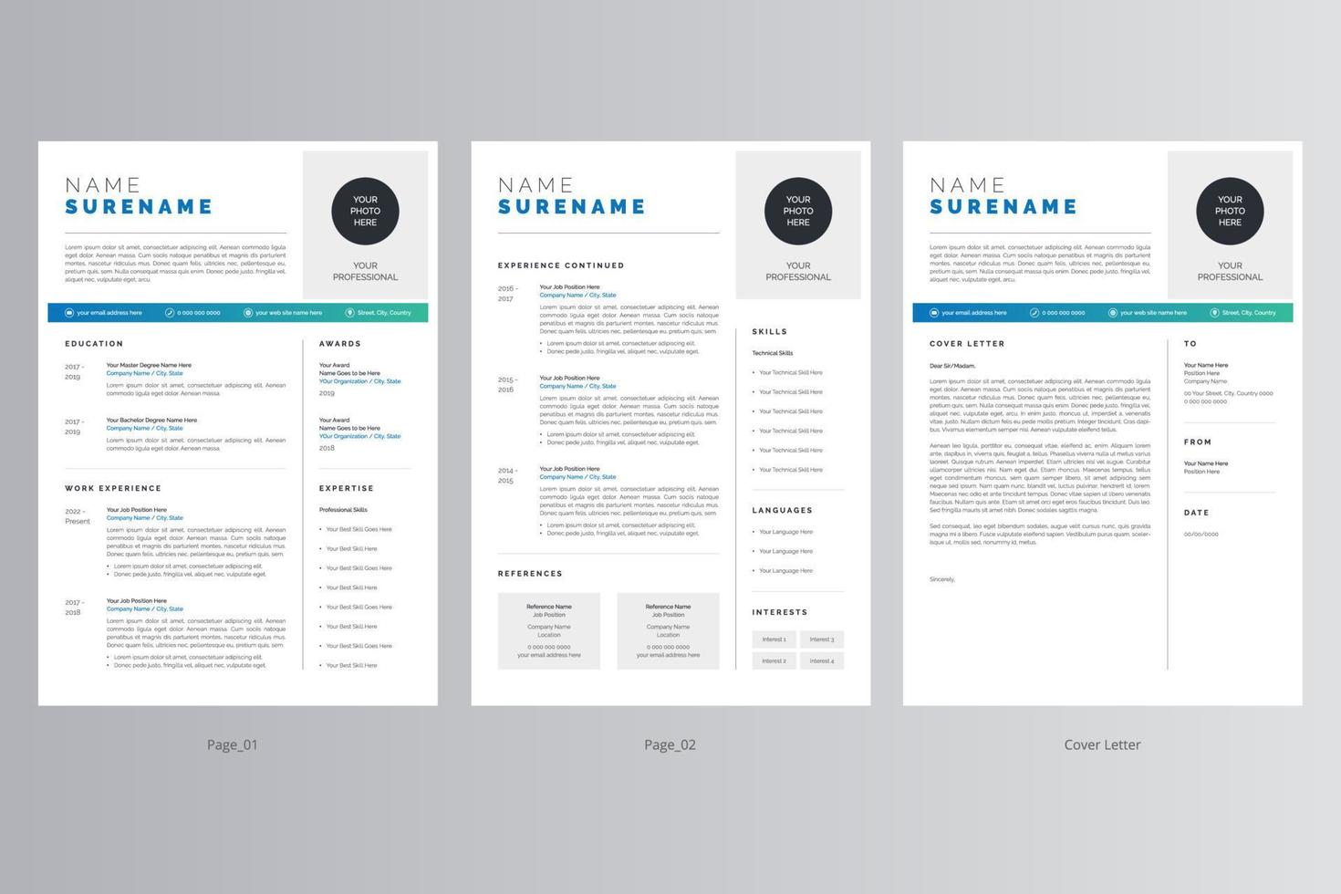 Professional Resume or CV and Cover Letter Template. Pro Vector