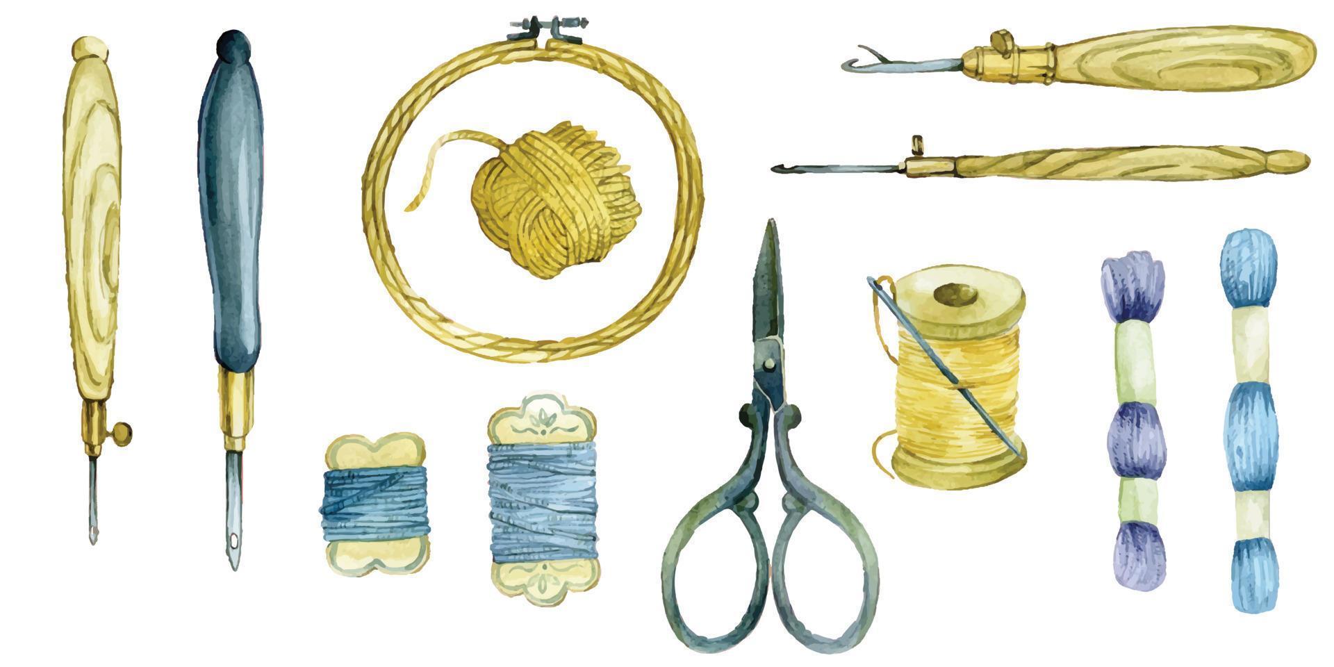 large watercolor set of tools for embroidery. hoops, threads, scissors, yarn, punch needle. tools for carpet embroidery and embroidery with beads, sequins. isolated on white background. vintage vector