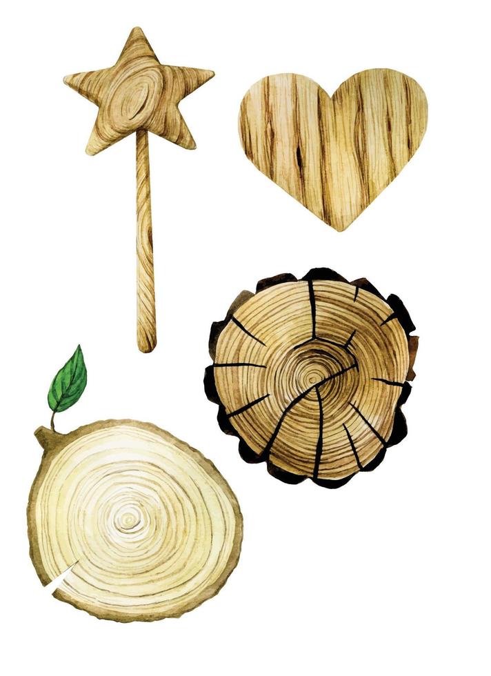 dibujo de acuarela. conjunto de elementos de madera. madera cortada, un corazón y una varita mágica hechos de materiales naturales, juguetes de madera. ecológico vector